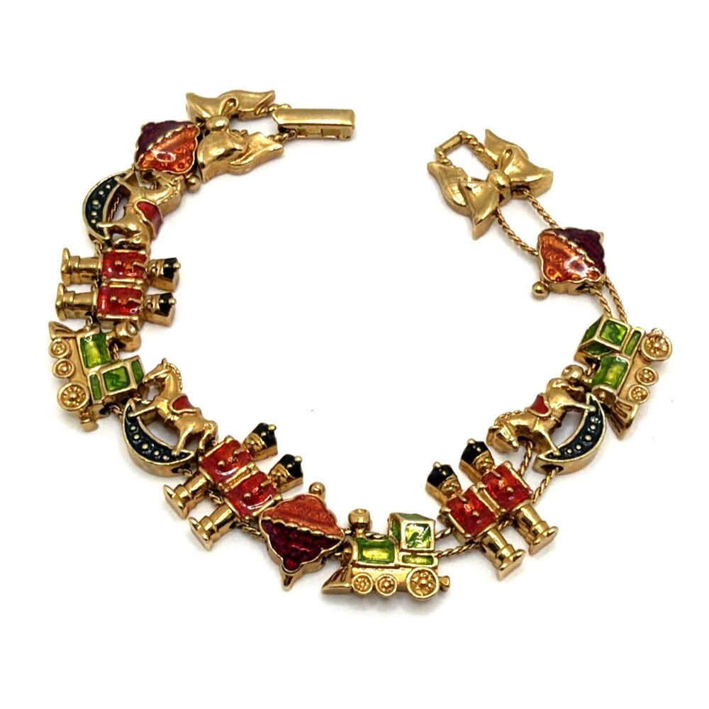 Vintage AVON Christmas Sliding Enamel Charm Bracelet Gold Tone Statement NWOT 8"